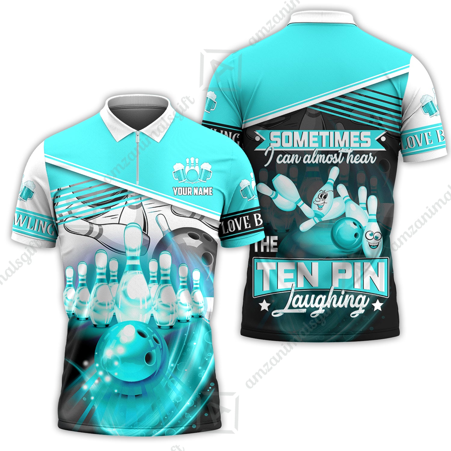 Customized Bowling Unisex Polo, The Blue Bowling Ball Crashing The Pins Purple Pattern Personalized Name Team Name Logo For Bowling Team - Image 8