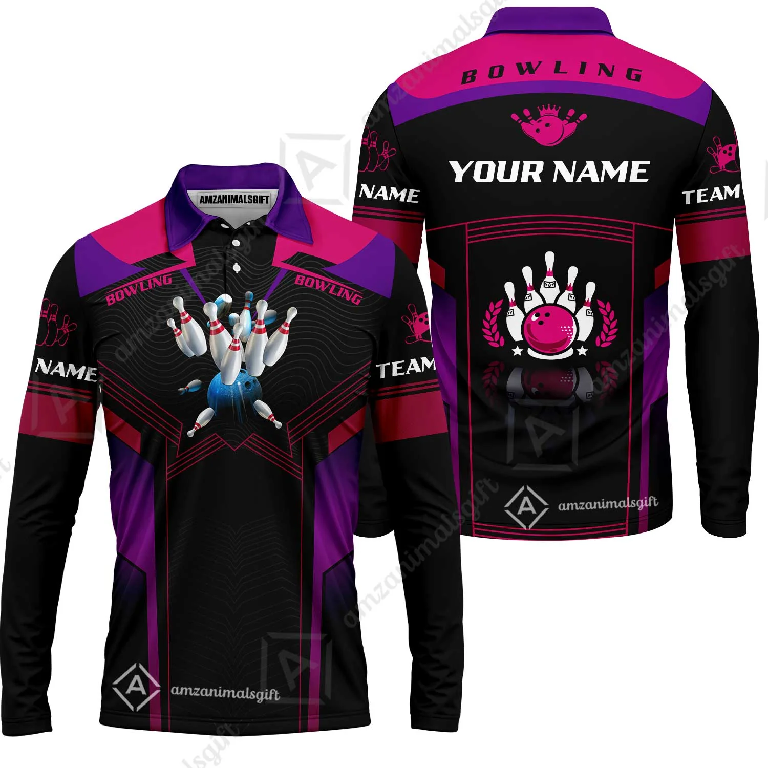 Customized Bowling Jersey Shirt, The Blue Bowling Ball Crashing The Pins Purple Pattern Personalized Name Team Name Logo Team For Bowling Team - Image 8