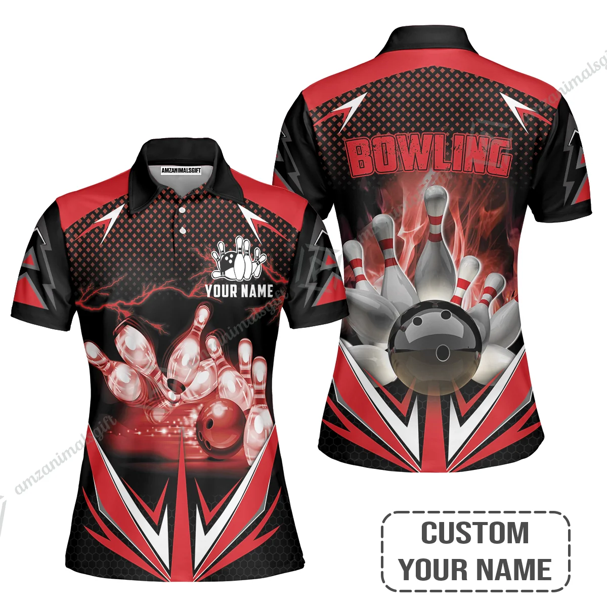 Customized Bowling Red Fire Women Polo Shirt For Bowling Players, Bowling Team Uniform Shirts, Gift For Men, Bowling Lovers, Bowlers - Image 2