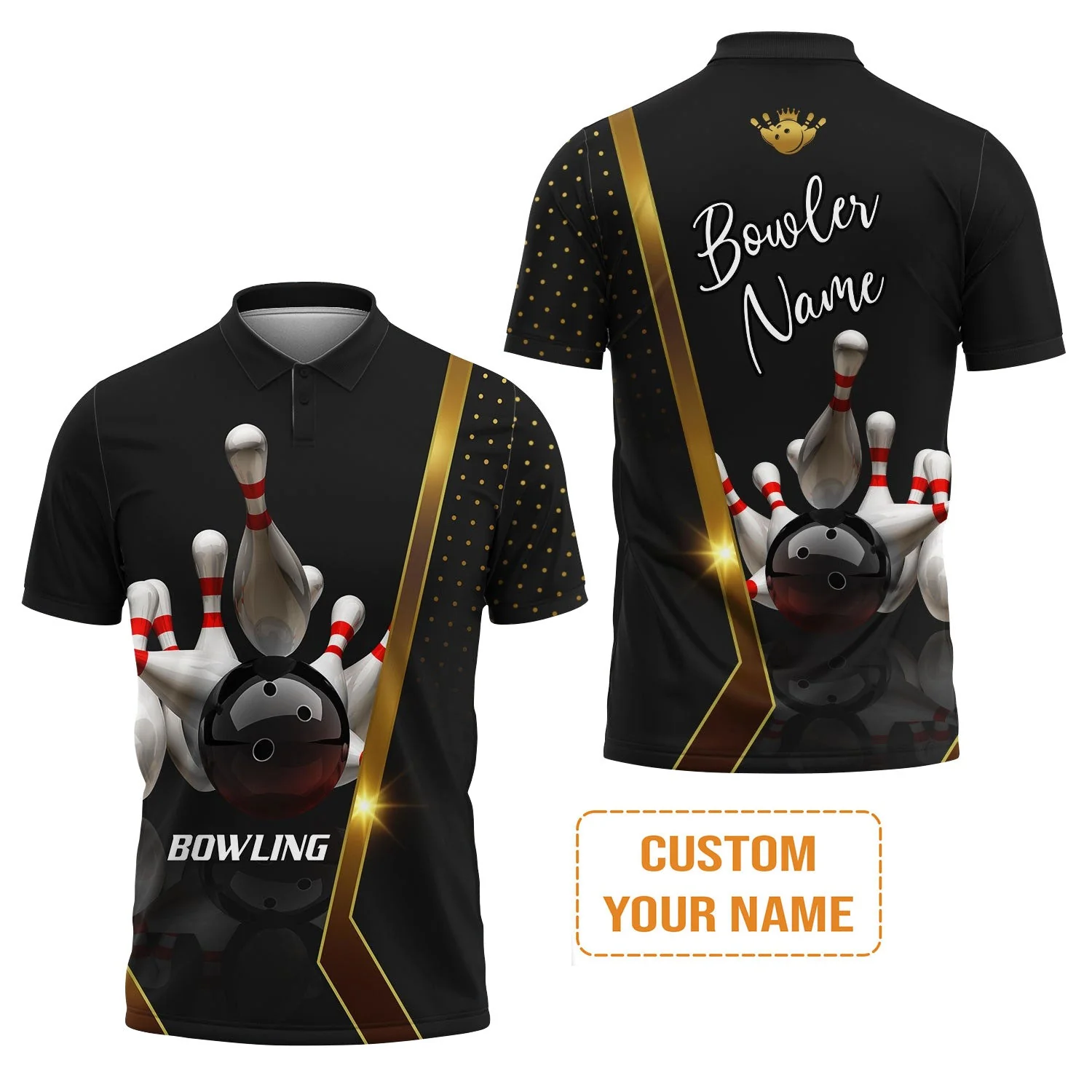 Customized Bowling Sweater, Black And Golden Pattern Personalized Bowling Sweater - Image 4