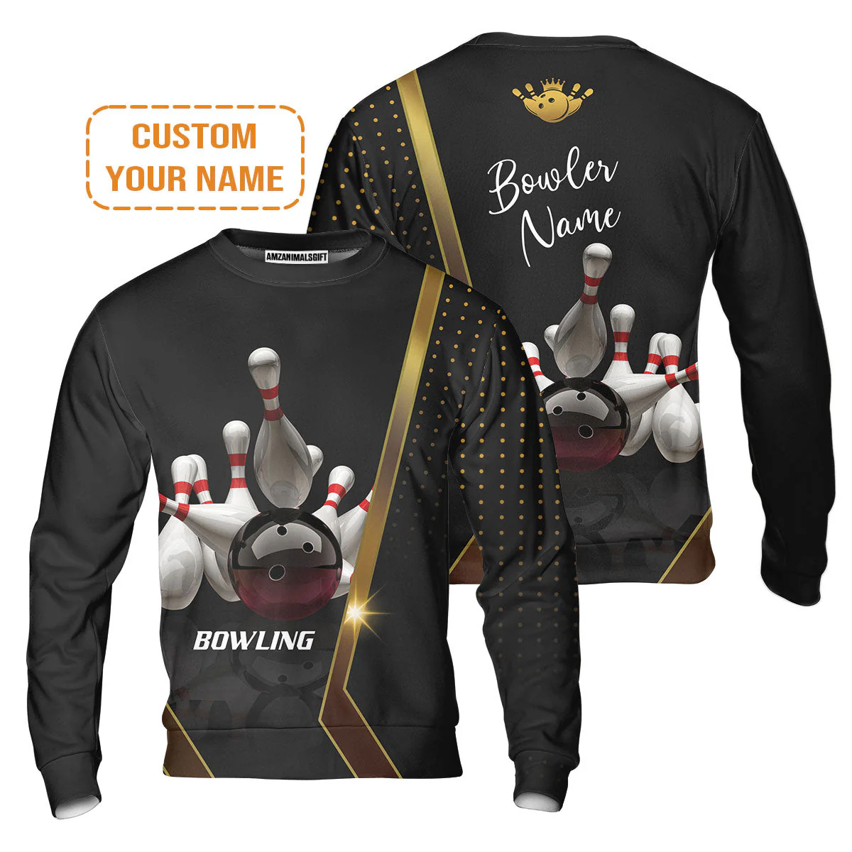 Customized Bowling T-Shirt, Black And Golden Pattern Personalized Bowling T-Shirt - Image 3
