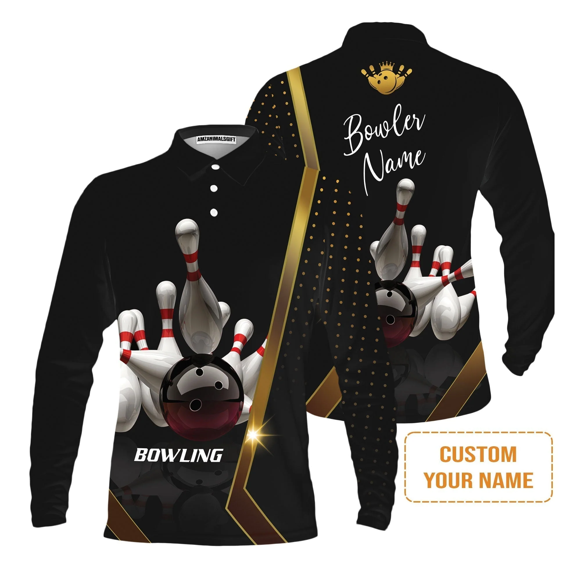 Customized Bowling T-Shirt, Black And Golden Pattern Personalized Bowling T-Shirt - Image 6