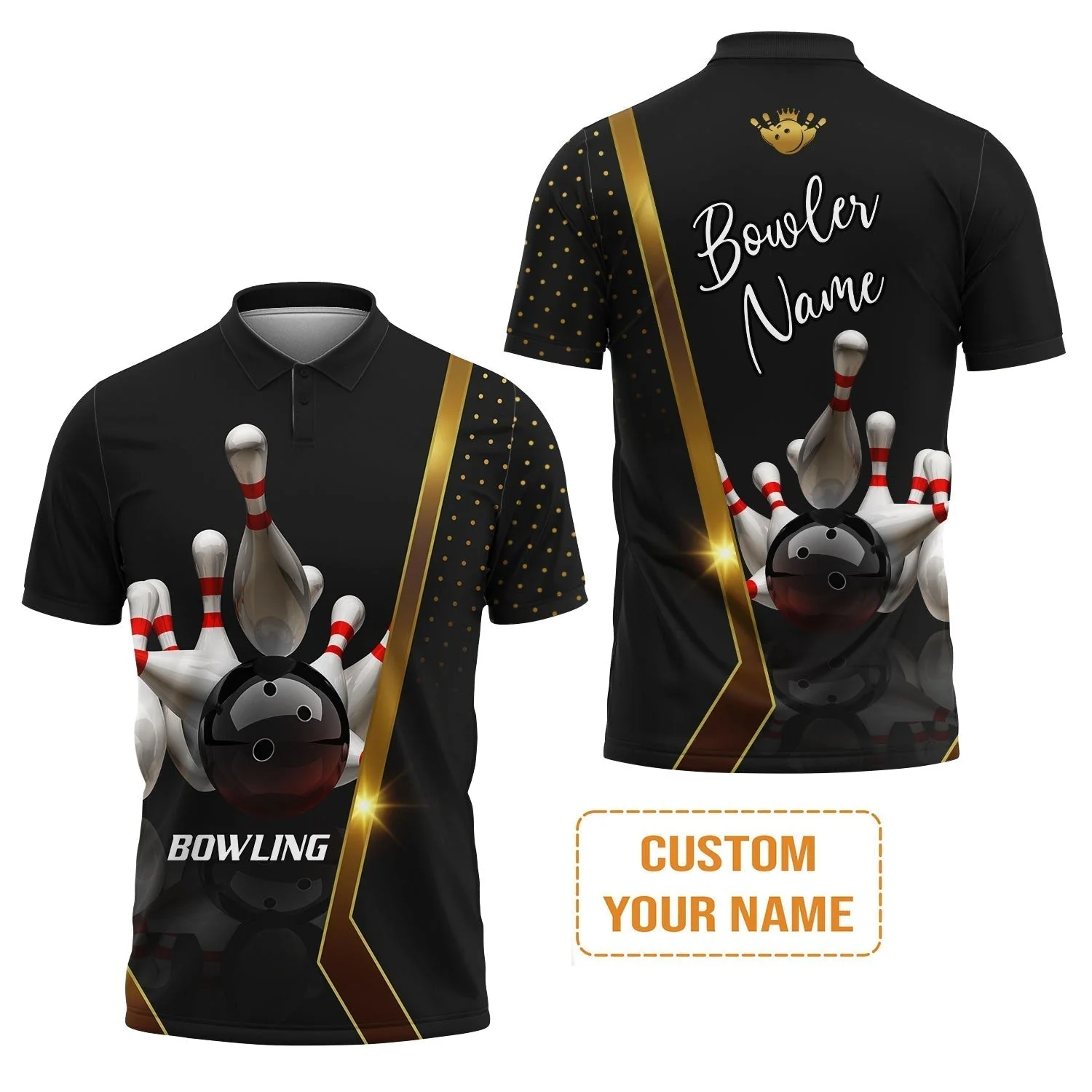 Customized Bowling T-Shirt, Black And Golden Pattern Personalized Bowling T-Shirt - Image 7