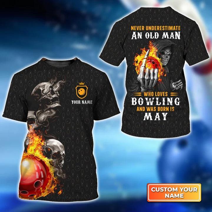 Customized Bowling T Shirt, Bowling Skull Never Underestimate An Old Man And Was Born In May Personalized Bowling T Shirt - Gift For Bowling Lovers