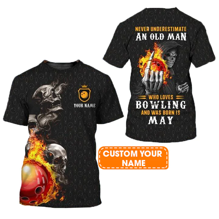 Customized Bowling T Shirt, Bowling Skull Never Underestimate An Old Man And Was Born In May Personalized Bowling T Shirt - Gift For Bowling Lovers - Image 2