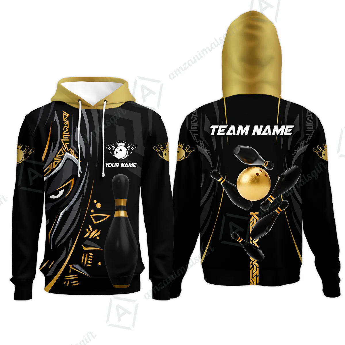 Customized Bowling Team Hoodie Bowling Ball & Pins Black Panther, Personalized Name Multicolor Shirt For Bowlers - Image 3