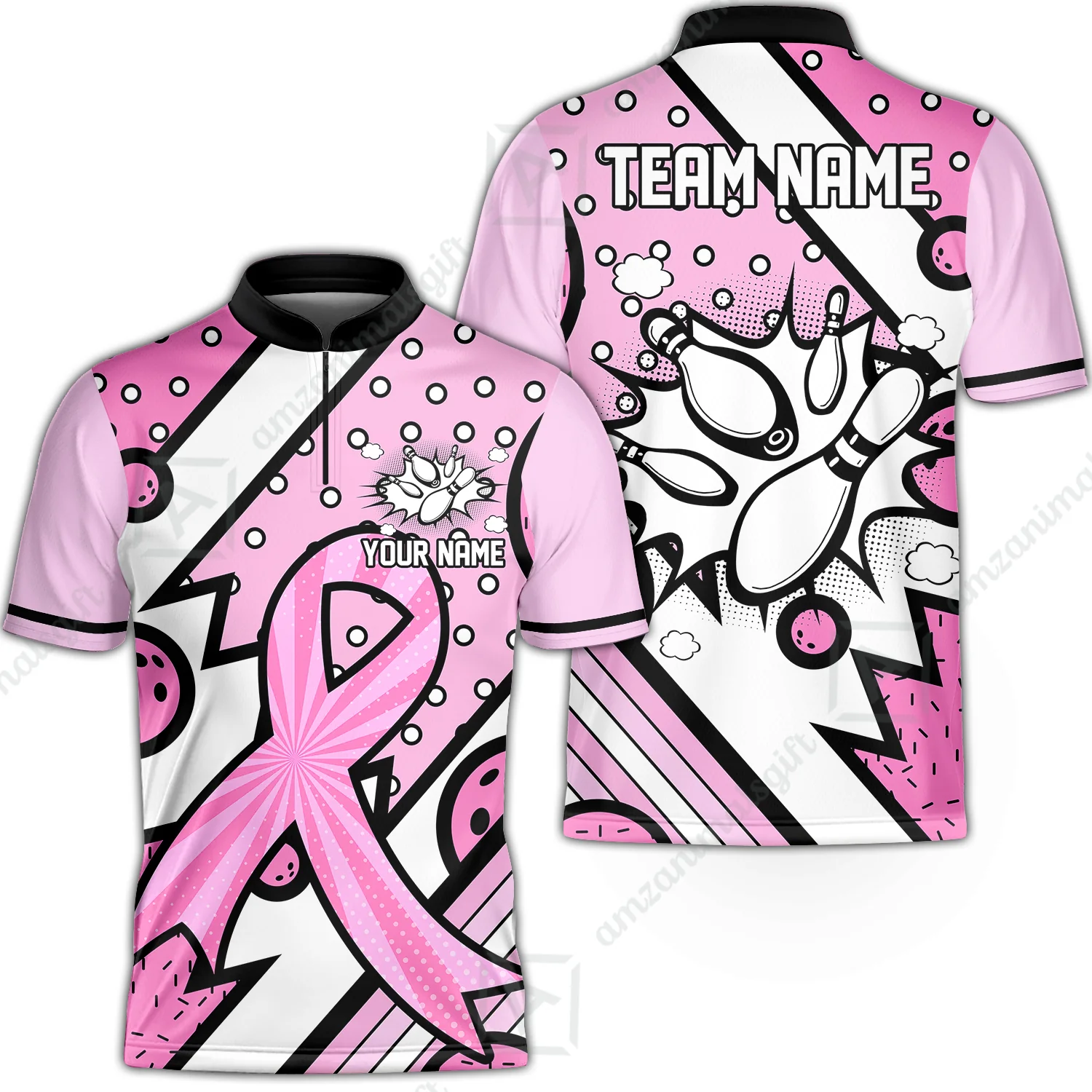 Customized Bowling Team Polo Jersey, Bowling Pink Ribbon Comic Style Uniform Shirt For Bowlers - Image 2