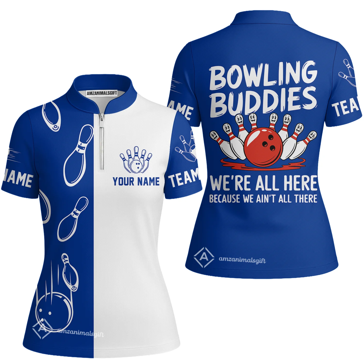 Customized Bowling Team Women's Jersey Shirt, Bowling Buddies We're All Here Because We Ain't All There Personalized Name Women Jersey For Bowlers