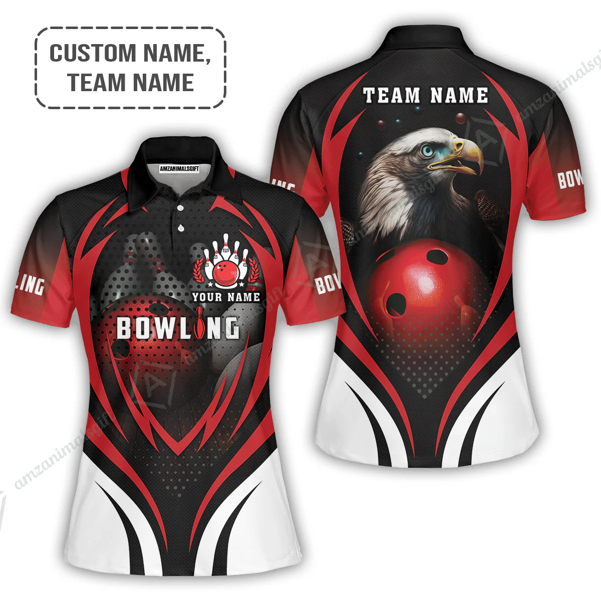 Customized Bowling Women Polo Shirt, Eagle Bowling Team Ten Pin  Personalized Red Black Shirt For Friend, Family, Bowling Players - Image 2