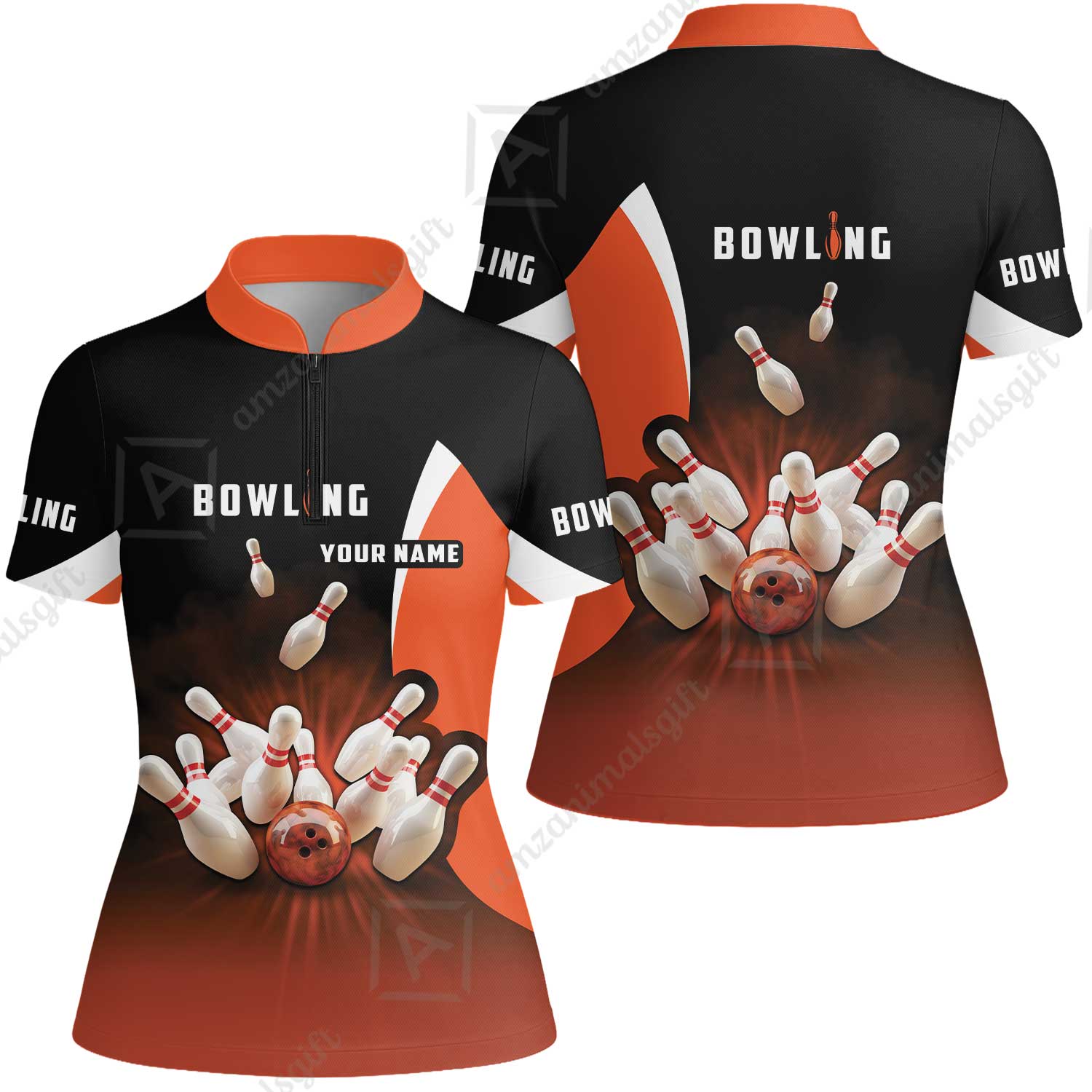 Customized Bowling Women Polo Shirt, Ten Pin Strike Bowling Personalized Orange Black Shirt For Friend, Family, Bowling Players - Image 12