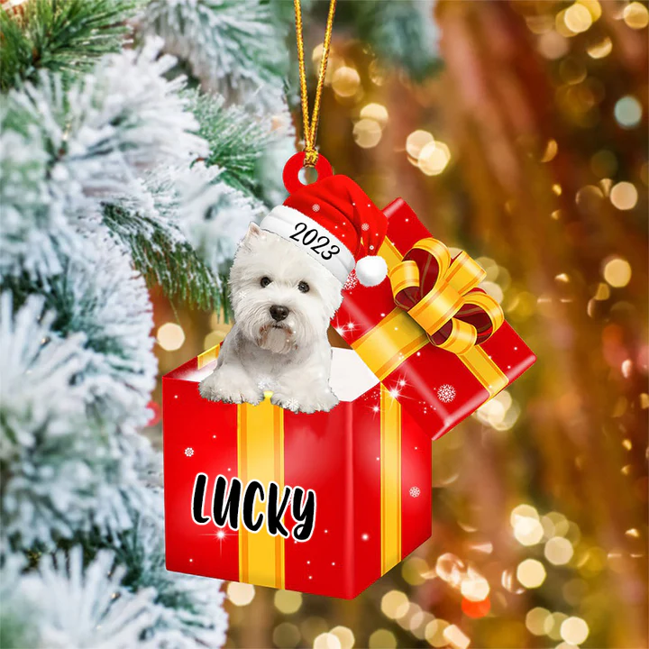 Customized Boxer In Red Gift Box Acrylic Christmas Ornament Custom Name Pet Ornament - Gift For Dog Lovers, Pet Lovers