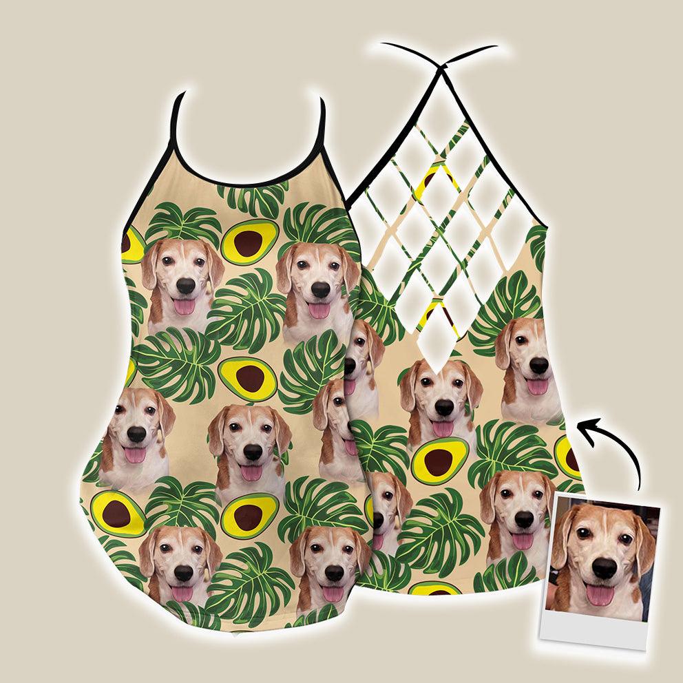 Customized Criss Cross Tank Top With Pet Face -Avocado & Leaves Pattern Lemon Zest Color Open Back Tank Top - Gift For Women, Pet Lovers, Puppy Lovers - Image 2