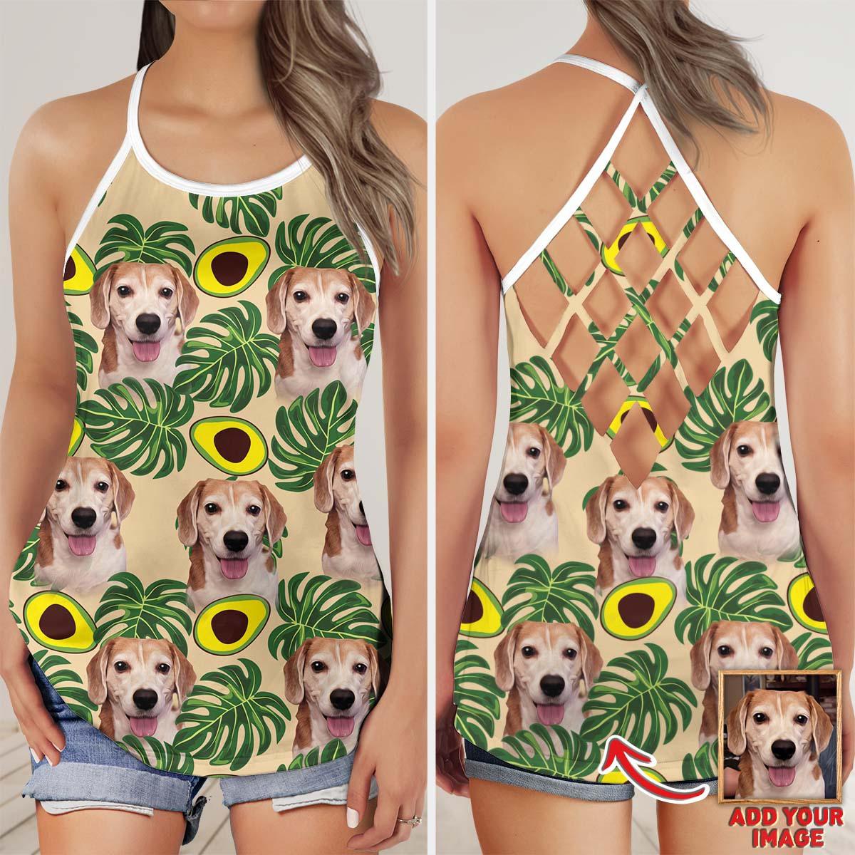 Customized Criss Cross Tank Top With Pet Face -Avocado & Leaves Pattern Lemon Zest Color Open Back Tank Top - Gift For Women, Pet Lovers, Puppy Lovers - Image 3