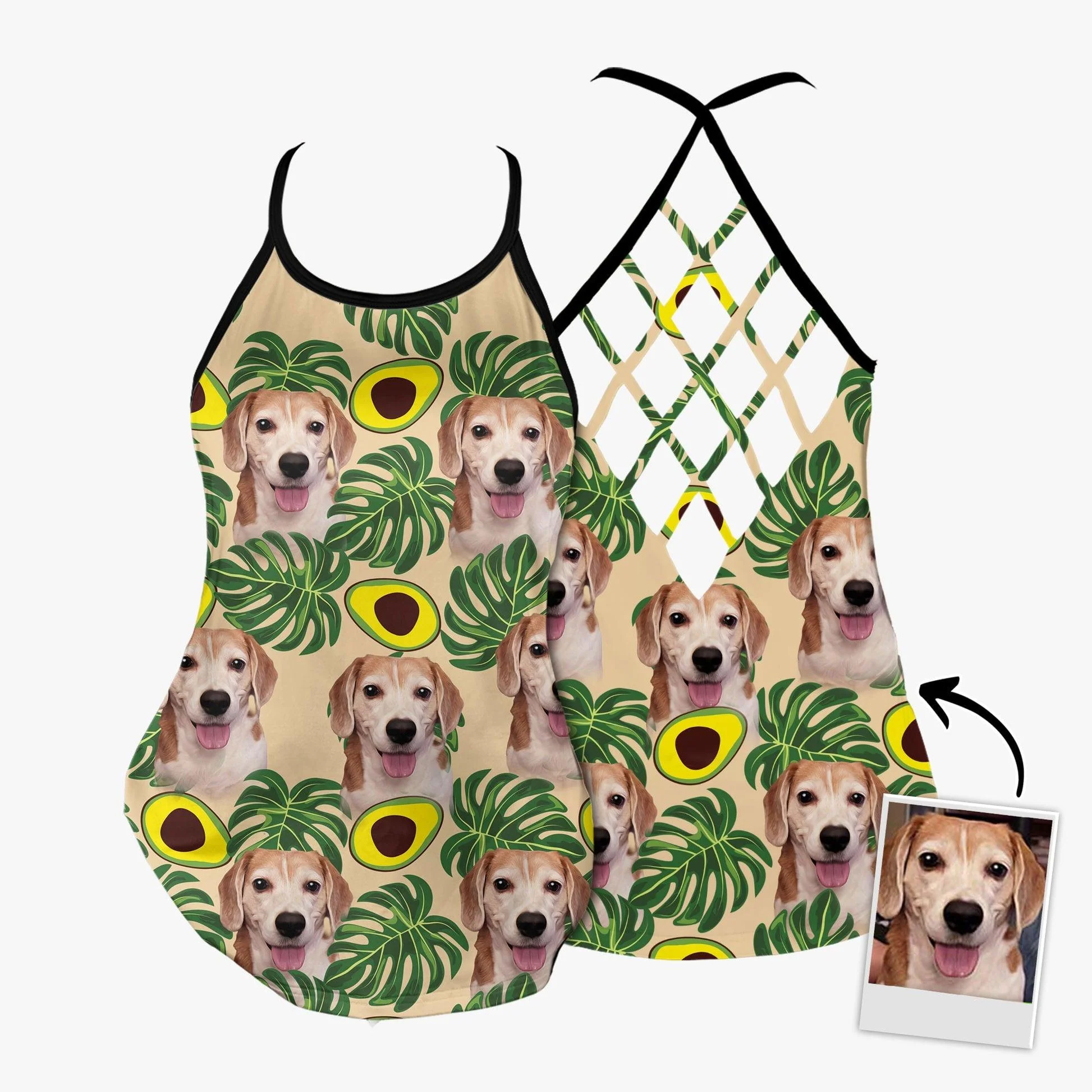 Customized Criss Cross Tank Top With Pet Face -Avocado & Leaves Pattern Lemon Zest Color Open Back Tank Top - Gift For Women, Pet Lovers, Puppy Lovers - Image 4