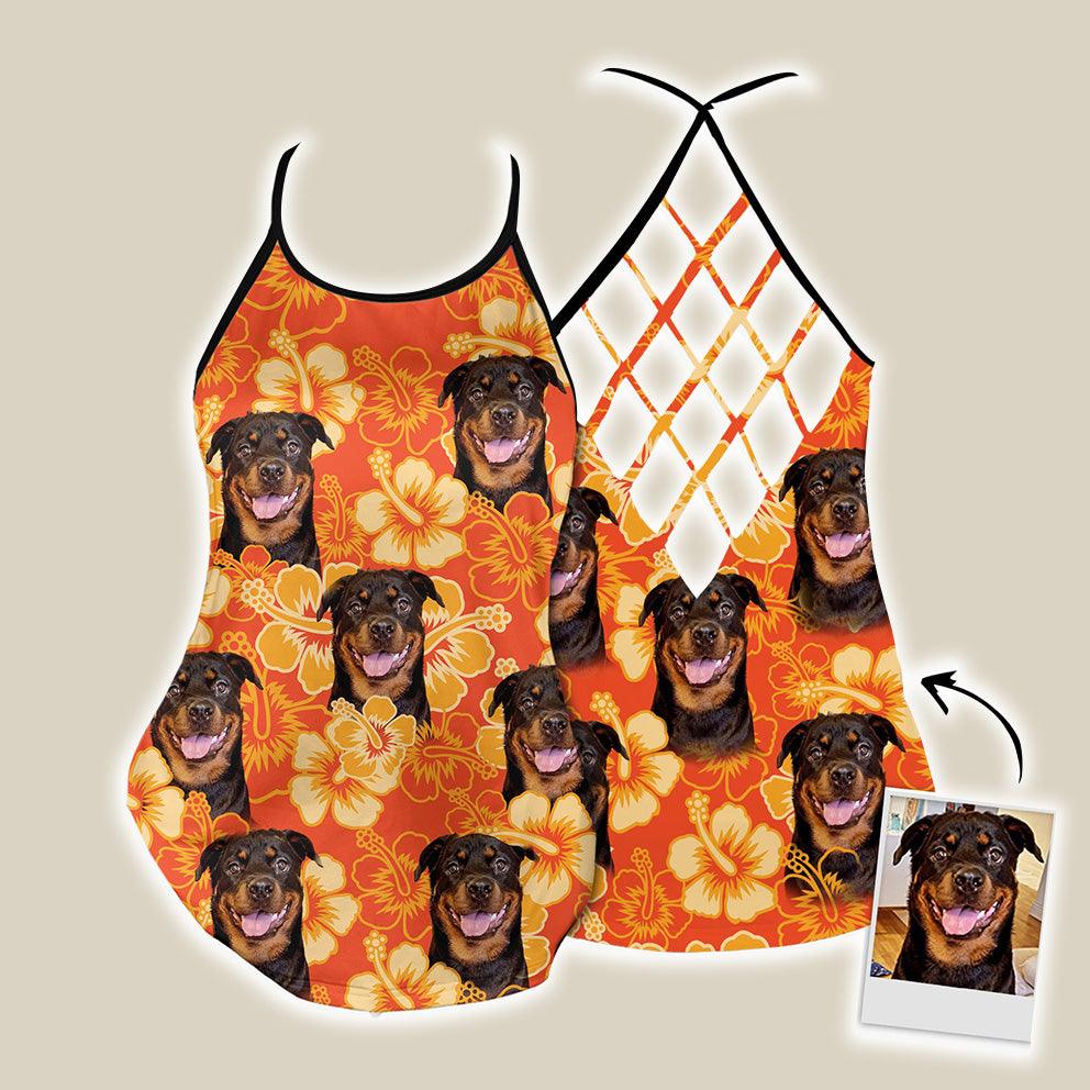 Customized Criss Cross Tank Top With Pet Face - Flowers Pattern Neon-Orange Color Open Back Tank Top - Gift For Women, Pet Lovers, Puppy Lovers