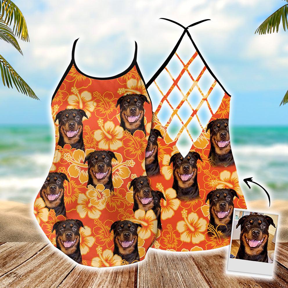 Customized Criss Cross Tank Top With Pet Face - Flowers Pattern Neon-Orange Color Open Back Tank Top - Gift For Women, Pet Lovers, Puppy Lovers - Image 2