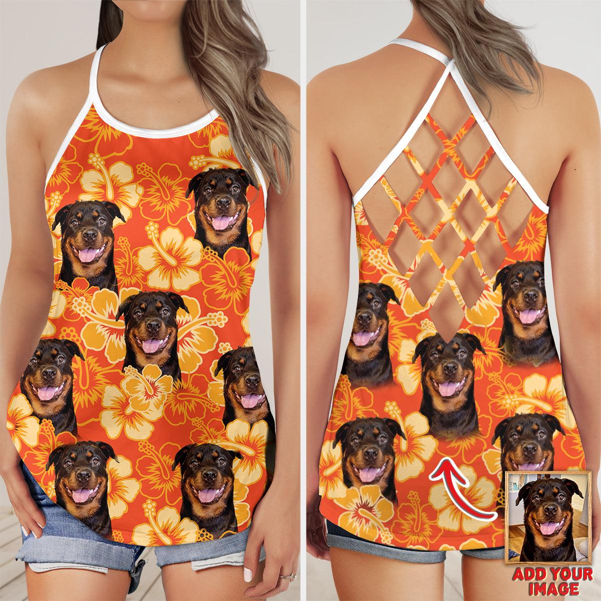 Customized Criss Cross Tank Top With Pet Face - Flowers Pattern Neon-Orange Color Open Back Tank Top - Gift For Women, Pet Lovers, Puppy Lovers - Image 3