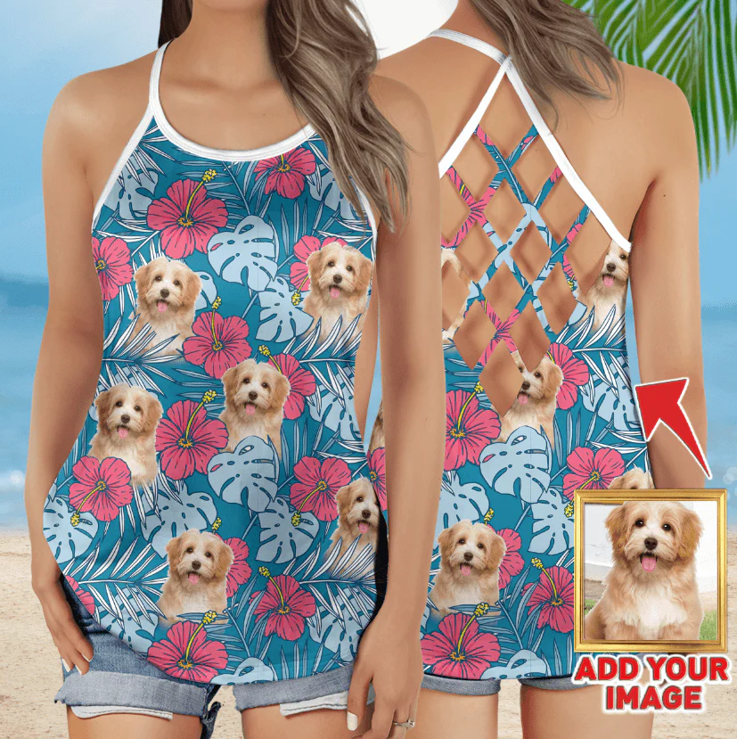 Customized Criss Cross Tank Top With Pet Face - Hibiscus Flowers Pattern Blue Color Open Back Tank Top - Gift For Women, Pet Lovers, Puppy Lovers - Image 3