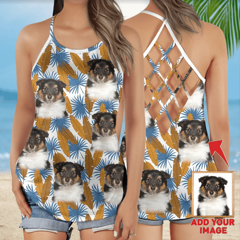 Customized Criss Cross Tank Top With Pet Face - Tropical  Gold & Blue Leaves Open Back Tank Top - Gift For Women, Pet Lovers, Puppy Lovers - Image 3