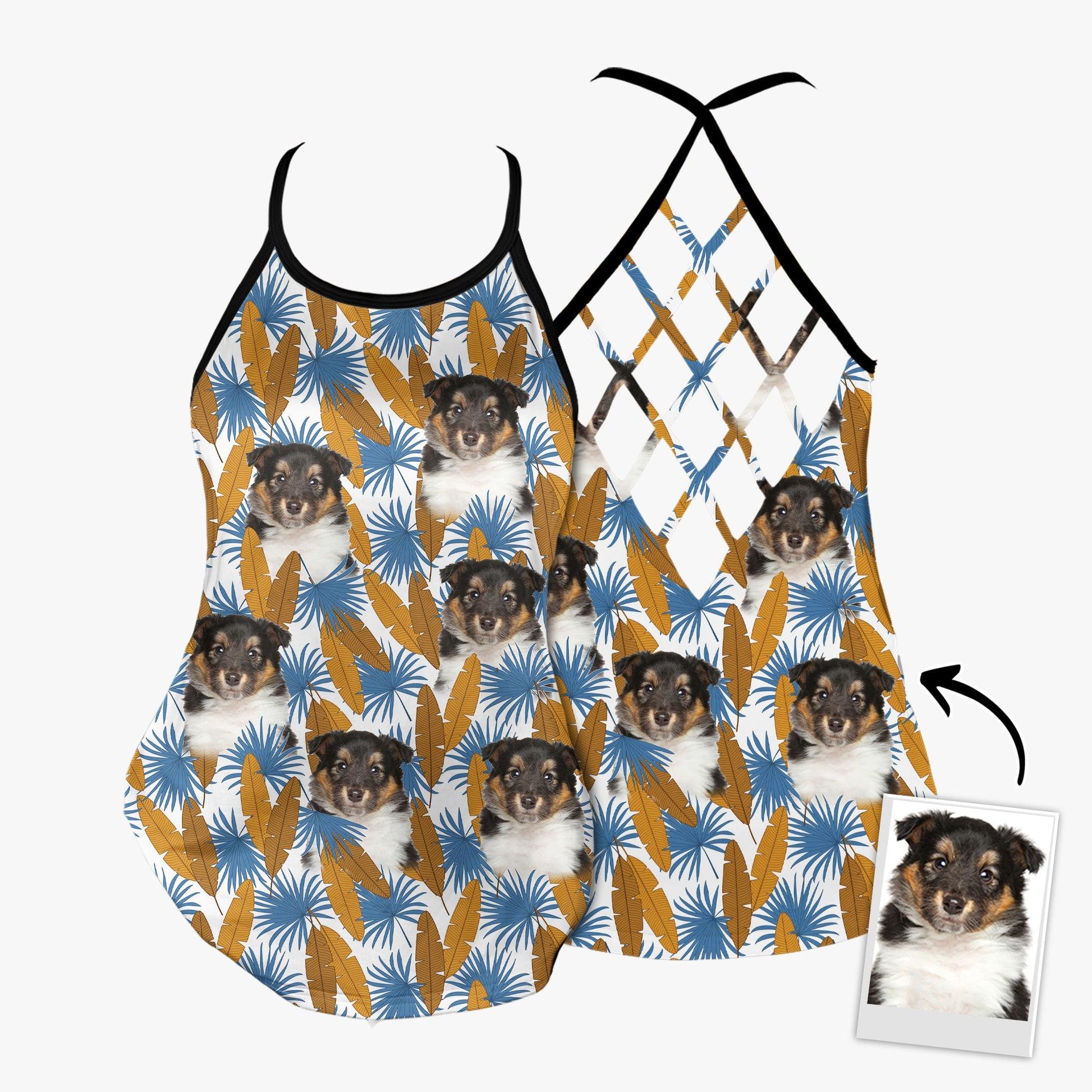 Customized Criss Cross Tank Top With Pet Face - Tropical  Gold & Blue Leaves Open Back Tank Top - Gift For Women, Pet Lovers, Puppy Lovers - Image 4