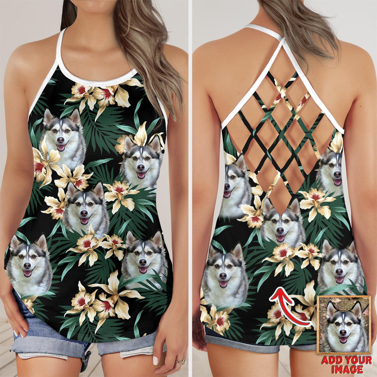 Customized Criss Cross Tank Top With Pet Face - Tropical Leaves & Flowers Pattern Dark Green Color Open Back Tank Top - Gift For Women, Pet Lovers - Image 3