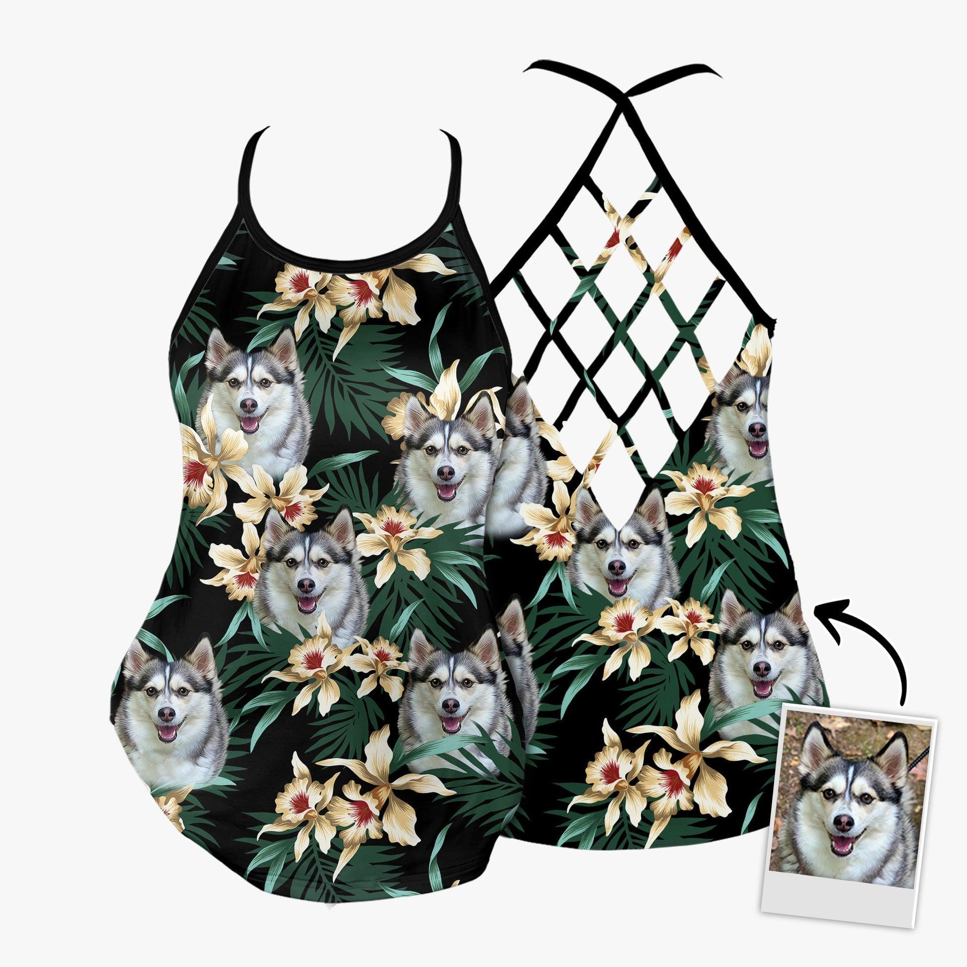 Customized Criss Cross Tank Top With Pet Face - Tropical Leaves & Flowers Pattern Dark Green Color Open Back Tank Top - Gift For Women, Pet Lovers - Image 4