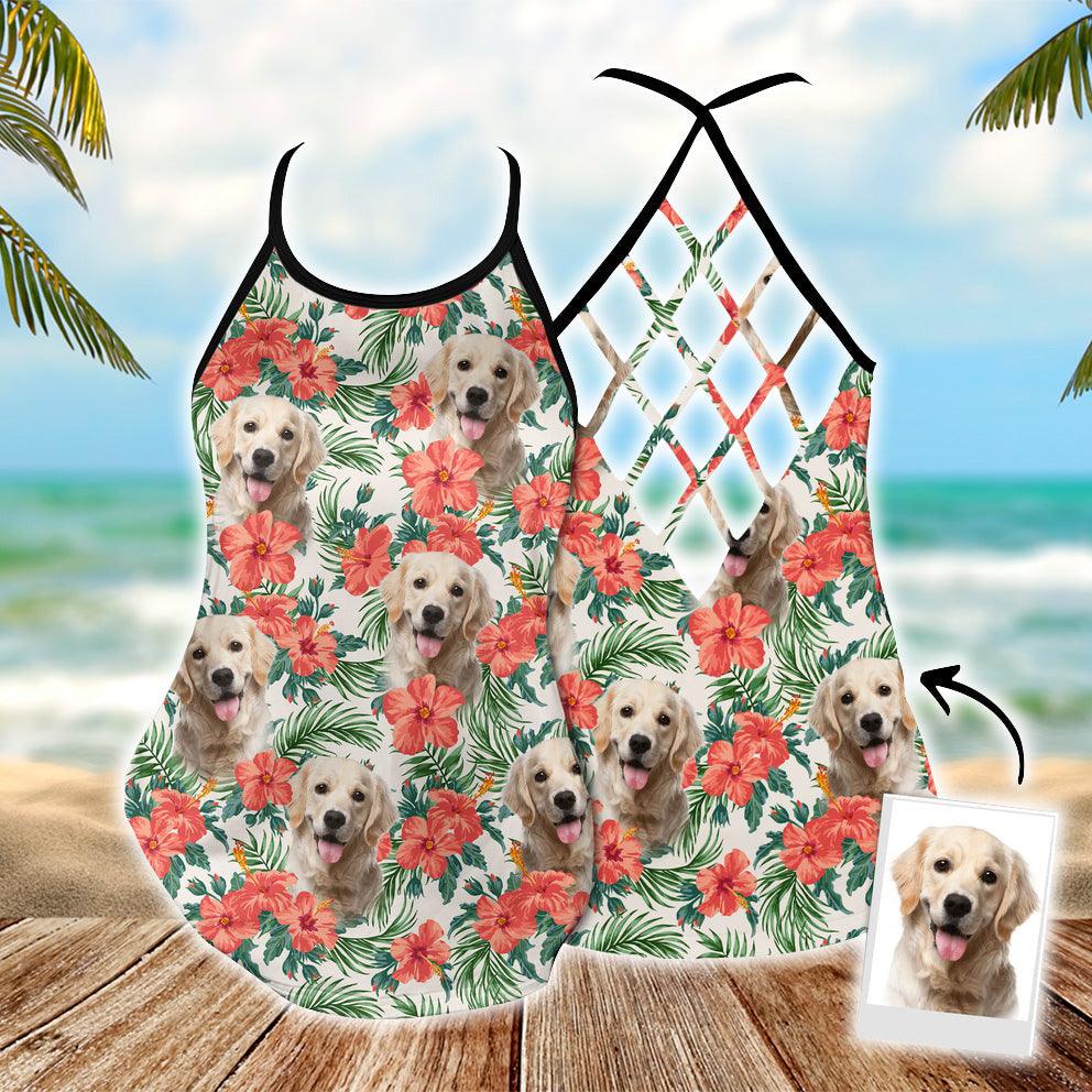 Customized Criss Cross Tank Top With Pet Face - Tropical Summer Red Flower Leave Pattern Criss Cross Open Back Tank Top - Gift For Women, Pet Lovers