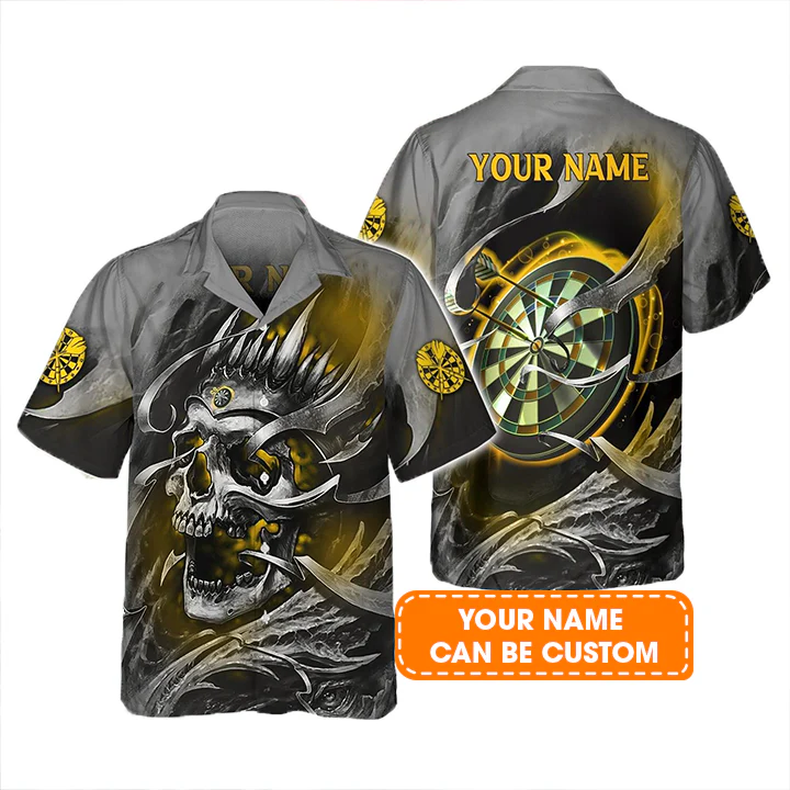 Customized Darts Aloha Hawaiian Shirt, Gold Skull Hawaiian Shirt, Dartboard Personalized Name Hawaiian Shirt For Men & Women, Darts Lover - Image 2