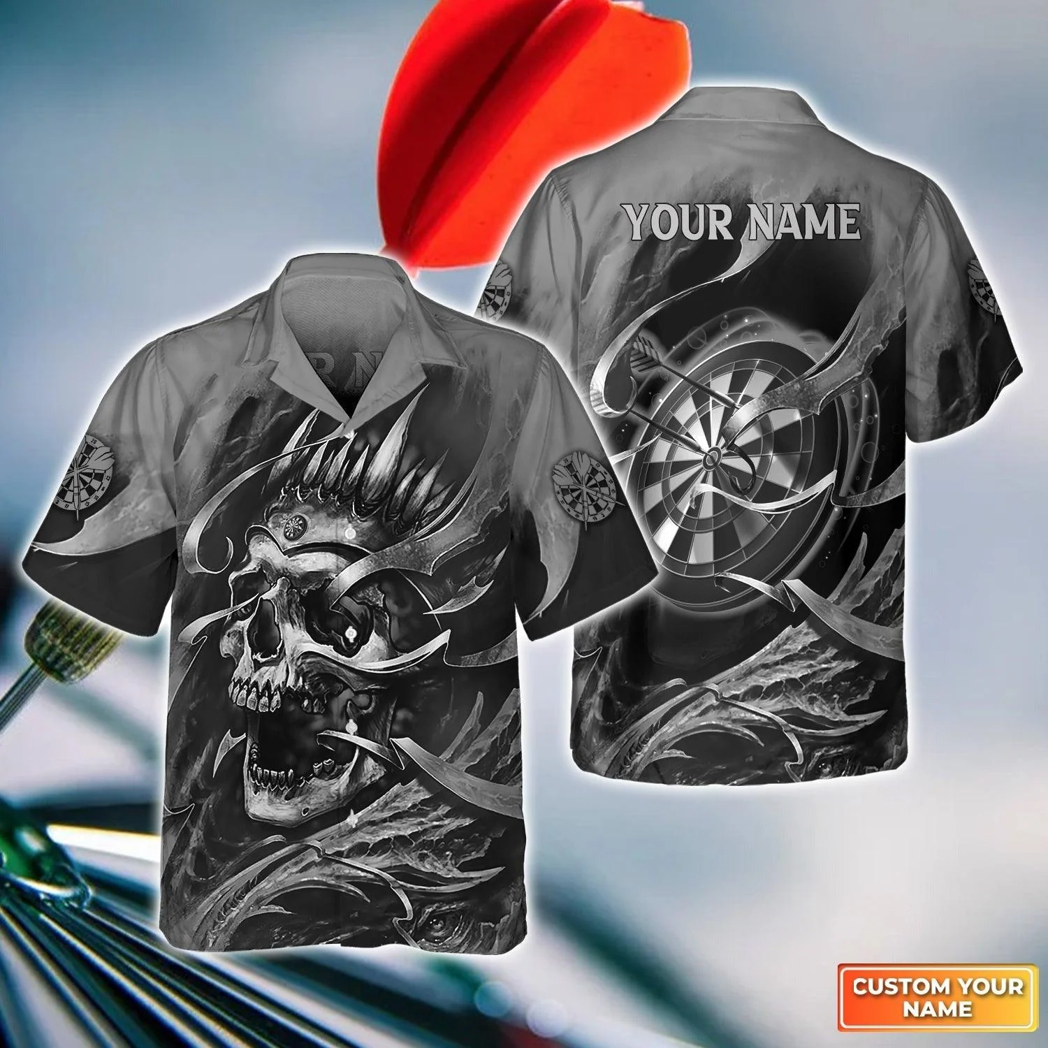 Customized Darts Aloha Hawaiian Shirt, Gray Skull Hawaiian Shirt, Dartboard Personalized Name Hawaiian Shirt For Men & Women, Darts Lover