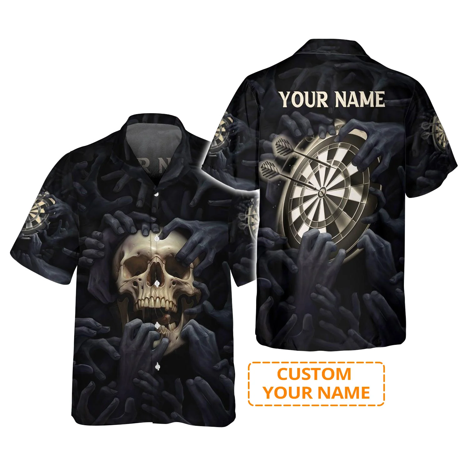 Customized Darts Aloha Hawaiian Shirt, Skull Art Dartboard Hawaiian Shirt, Hand Of Evil Personalized Name Hawaiian Shirt For Men & Women, Darts Lover - Image 2