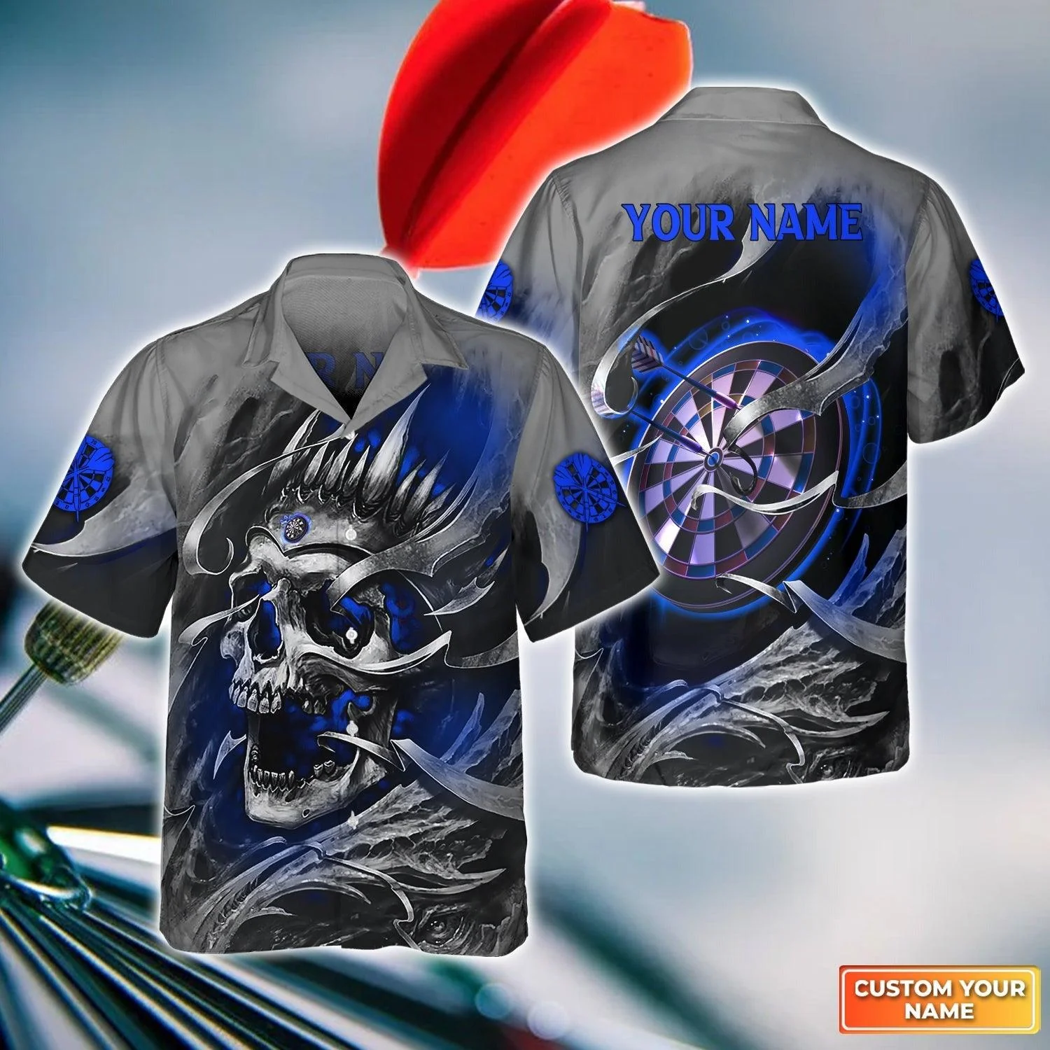 Customized Darts Aloha Hawaiian Shirt - Skull Hawaiian Shirt, Blue Dartboard Personalized Name Hawaiian Shirt For Men & Women, Darts Lover