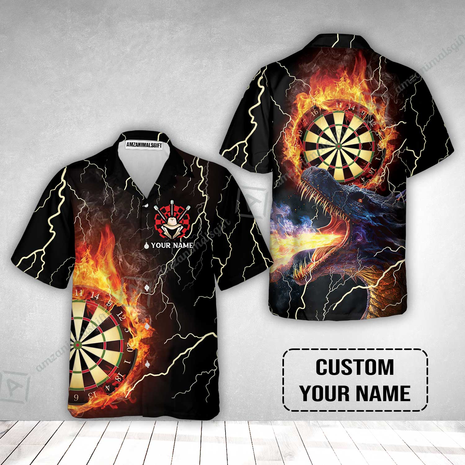 Customized Darts Hawaiian Shirt, Flame Dartboard, Personalized Name Dragon And Darts Hawaiian Shirt - Perfect Gift For Darts Lovers - Image 2