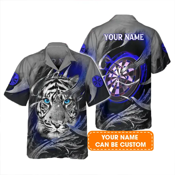 Customized Darts Hawaiian Shirts, Blue Bullseye Dartboard Personalized Tiger And Darts Aloha Shirts - Gift For Darts Lovers, Darts Players - Image 2