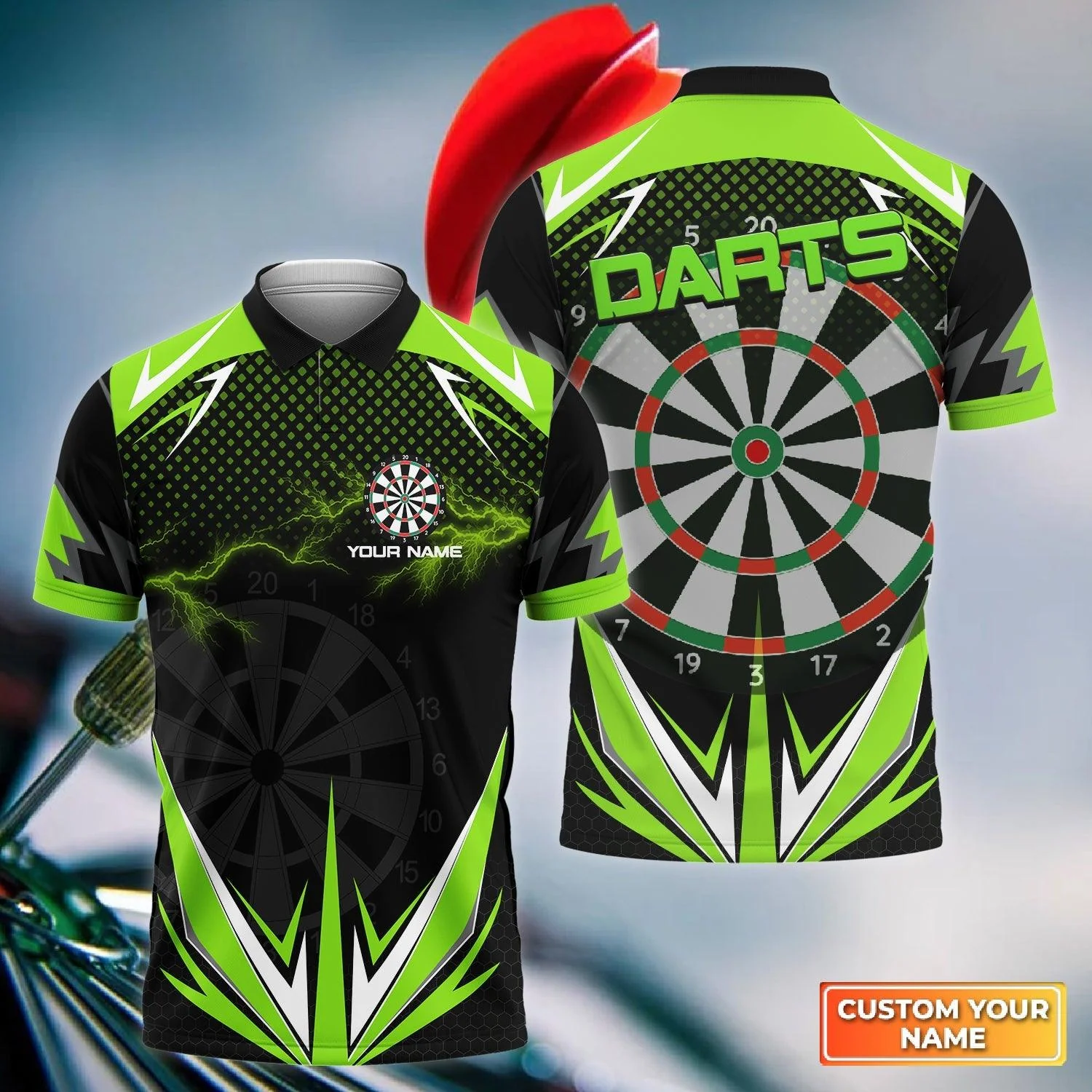 Customized Darts Long Polo Shirt, Green Darts Lightning Personalized Name Polo Shirt, Outfits For Darts Lovers, Darts Players - Image 5