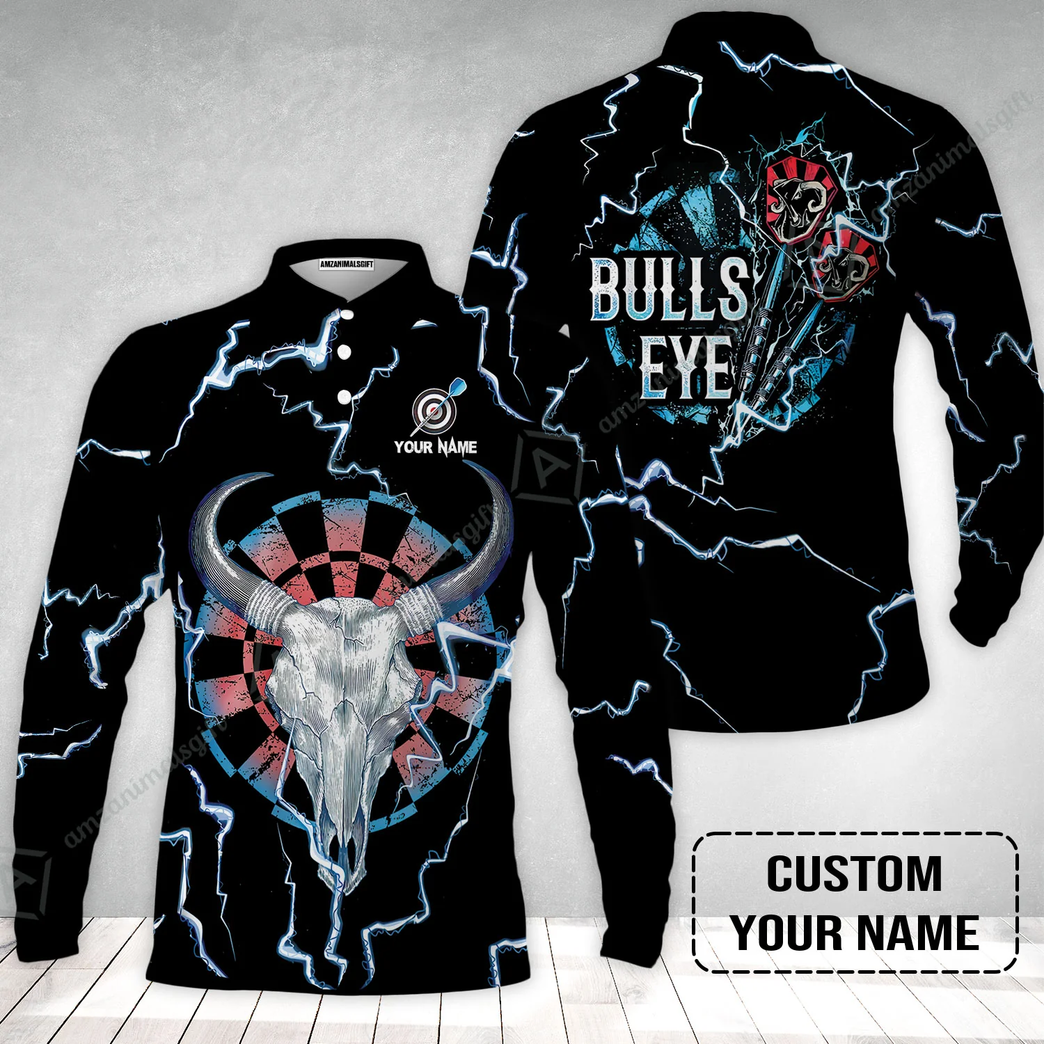 Customized Darts Long Sleeve Men Polo Shirt , Darts Bullseye Thunder Skull, Personalized Name Polo Shirt - Image 2