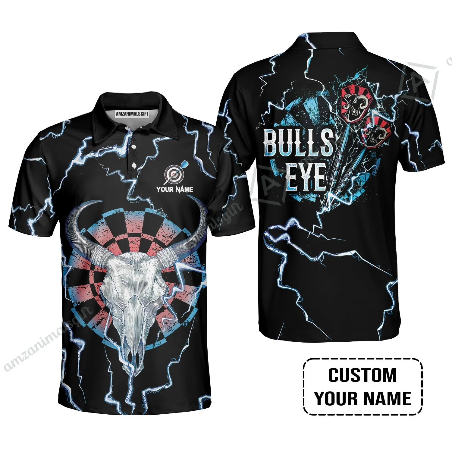 Customized Darts Long Sleeve Men Polo Shirt , Darts Bullseye Thunder Skull, Personalized Name Polo Shirt - Image 3