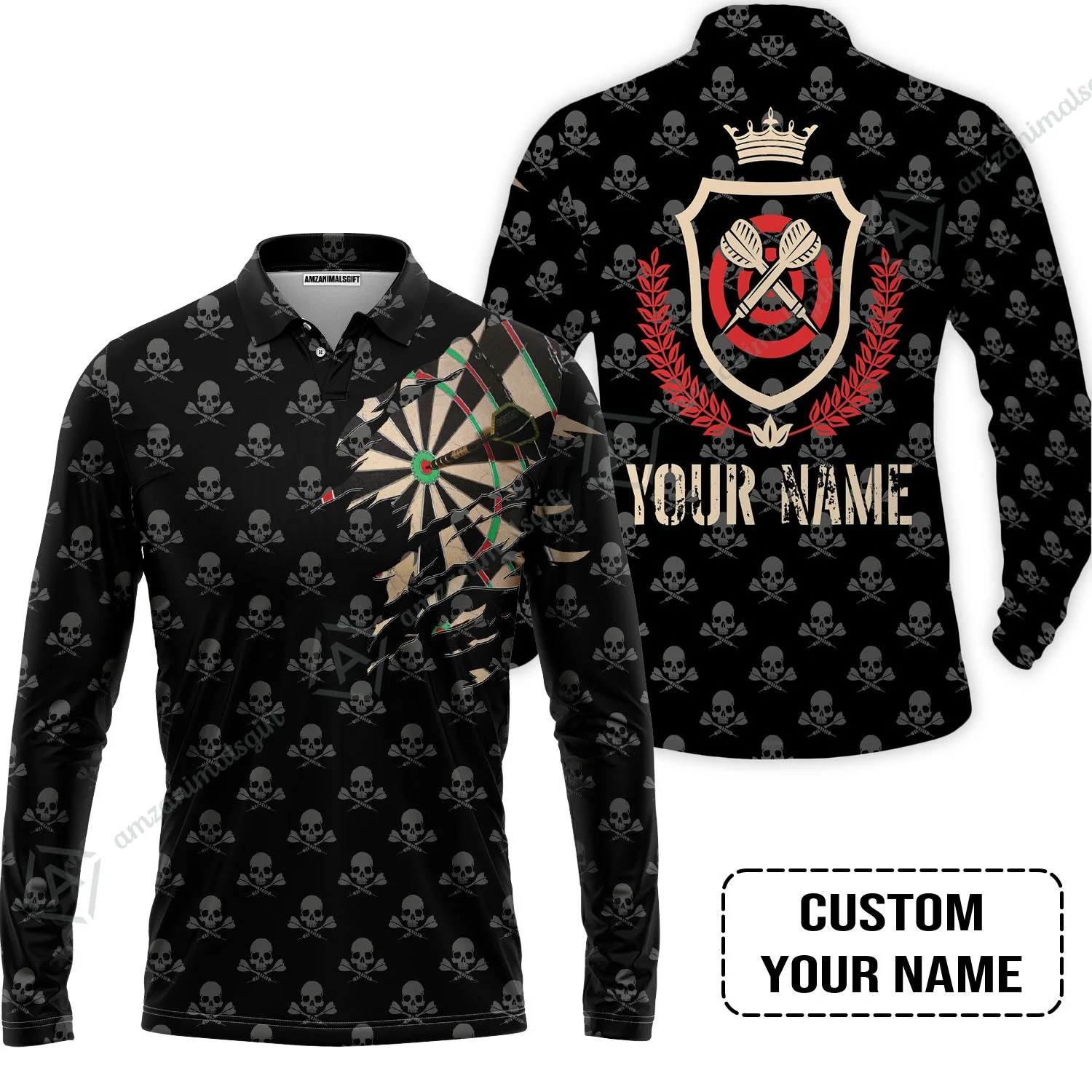 Customized Darts Long Sleeve Men Polo Shirt, Skull King Darts Personalized Name Polo Shirt - Perfect Gift For Darts Lovers, Darts Players