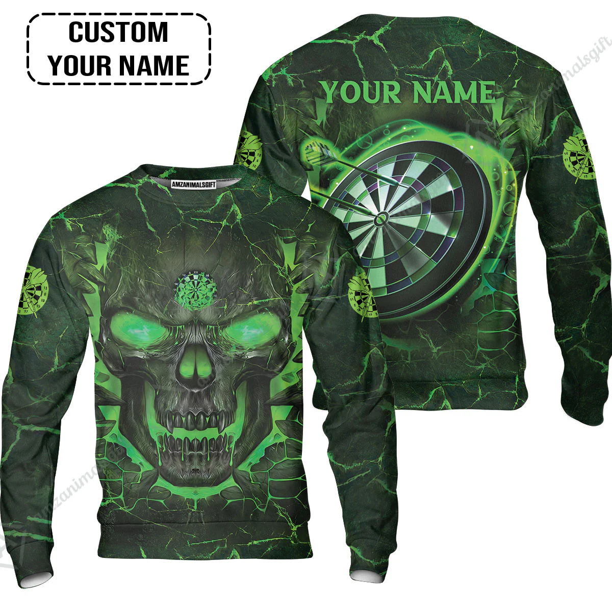 Customized Darts Men Polo Shirt, Flame Green Skull Dartboard Personalized Skull And Darts Polo Shirt - Image 6