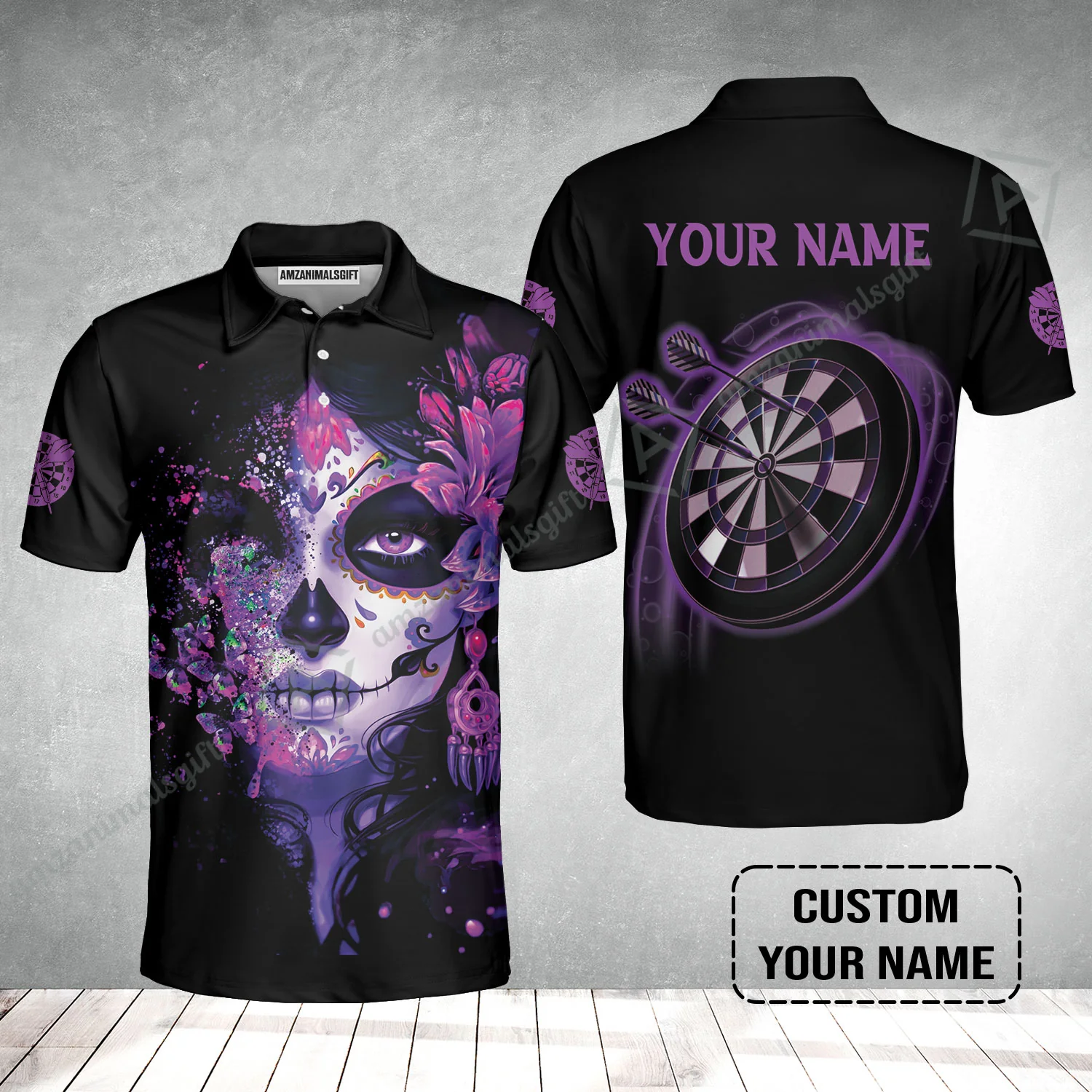 Customized Darts Men Polo Shirt, Skull Girl Butterfly Personalized Sugar Skull And Darts Polo Shirt - Image 2