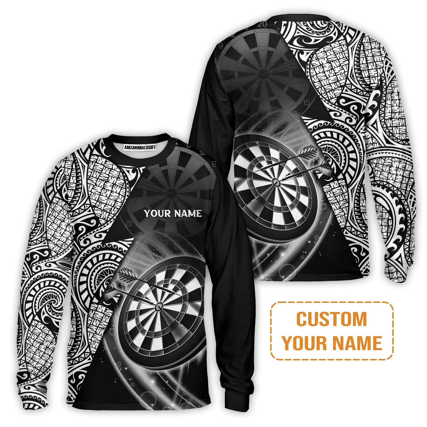 Customized Darts Men's Long Sleeve Polo Shirt, Black & White Tattoo Darts, Personalized Name Long Sleeve Polo Shirt For Men - Perfect Gift For Darts Lovers, Darts Players - Image 5