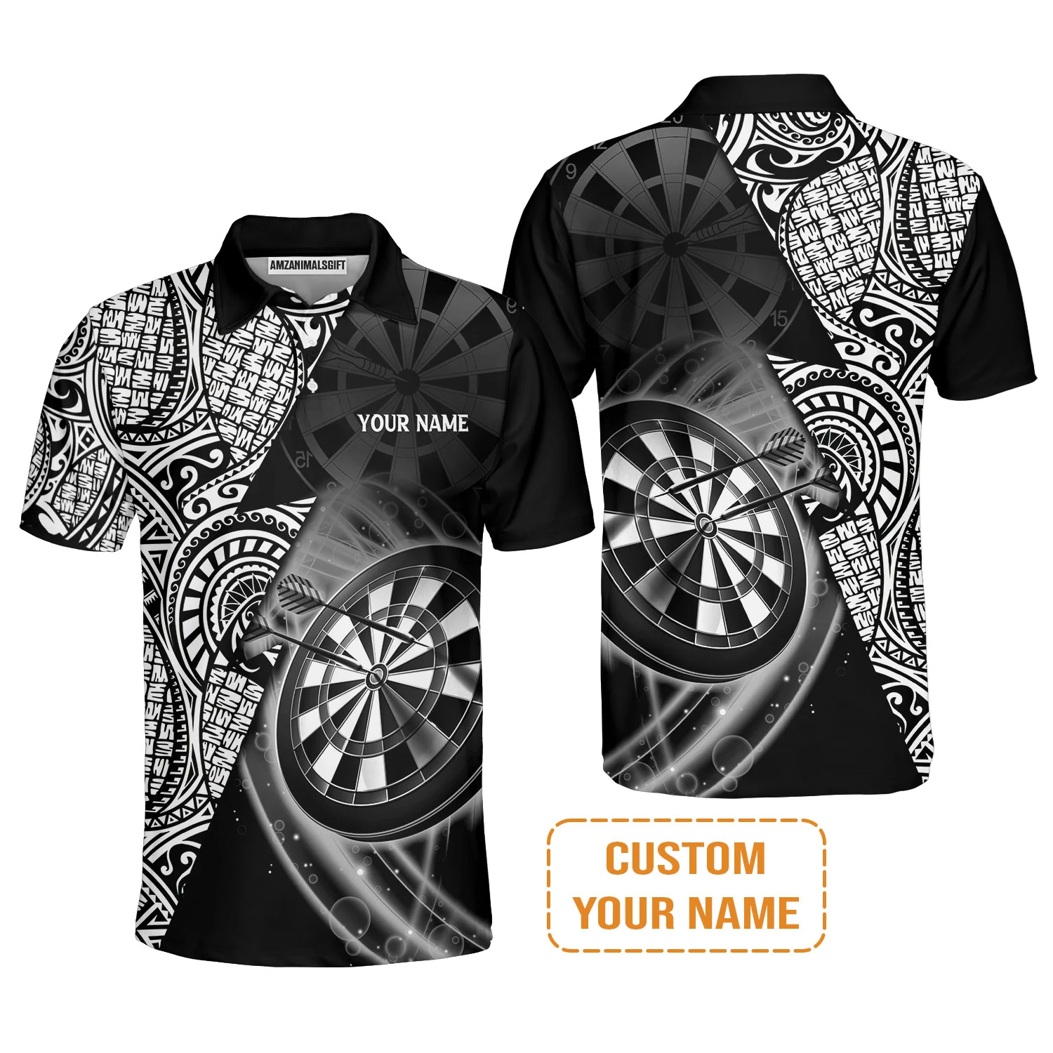 Customized Darts Polo Shirt, Black & White Tattoo Darts, Personalized Name Polo Shirt For Men - Perfect Gift For Darts Lovers, Darts Players - Image 2