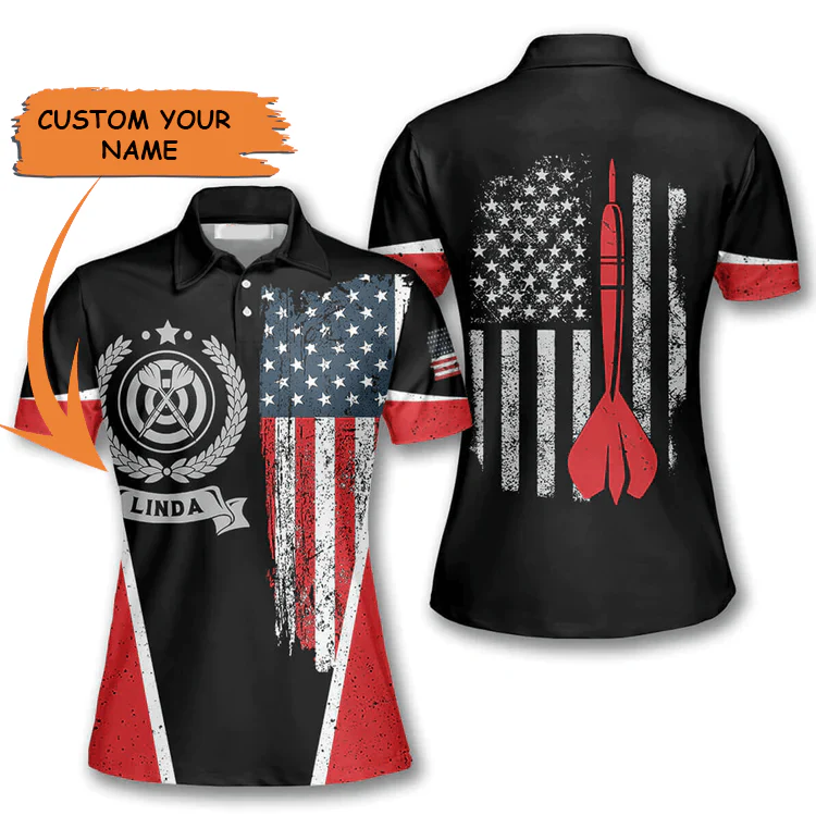 Customized Darts Polo Shirt, Darts USA Flag Emblem, Personalized Name Polo Shirt For Women - Perfect Gift For Darts Lovers, Darts Players