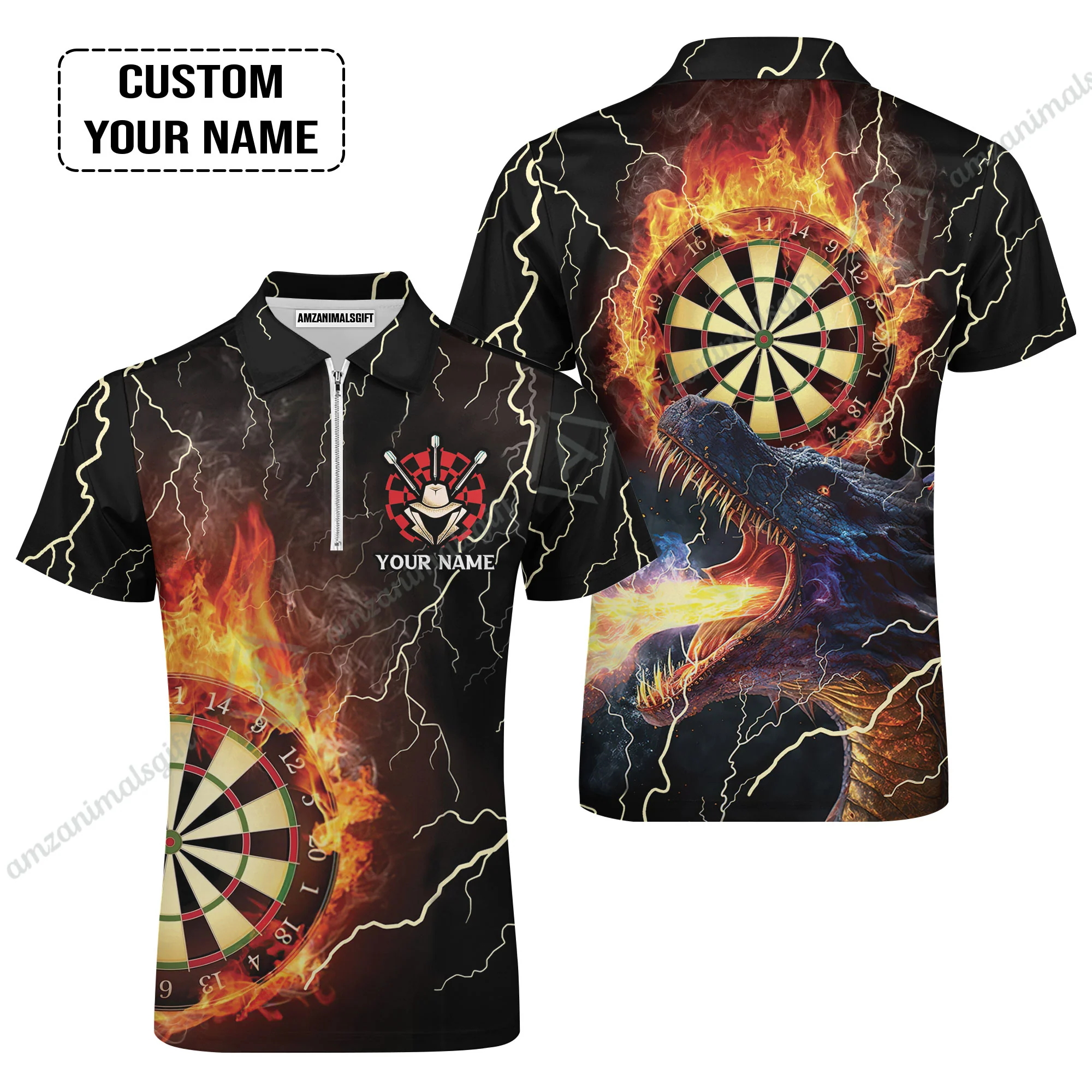 Customized Darts Polo Shirt, Flame Dartboard, Personalized Name Dragon And Darts Polo Shirt For Men - Perfect Gift For Darts Lovers - Image 4