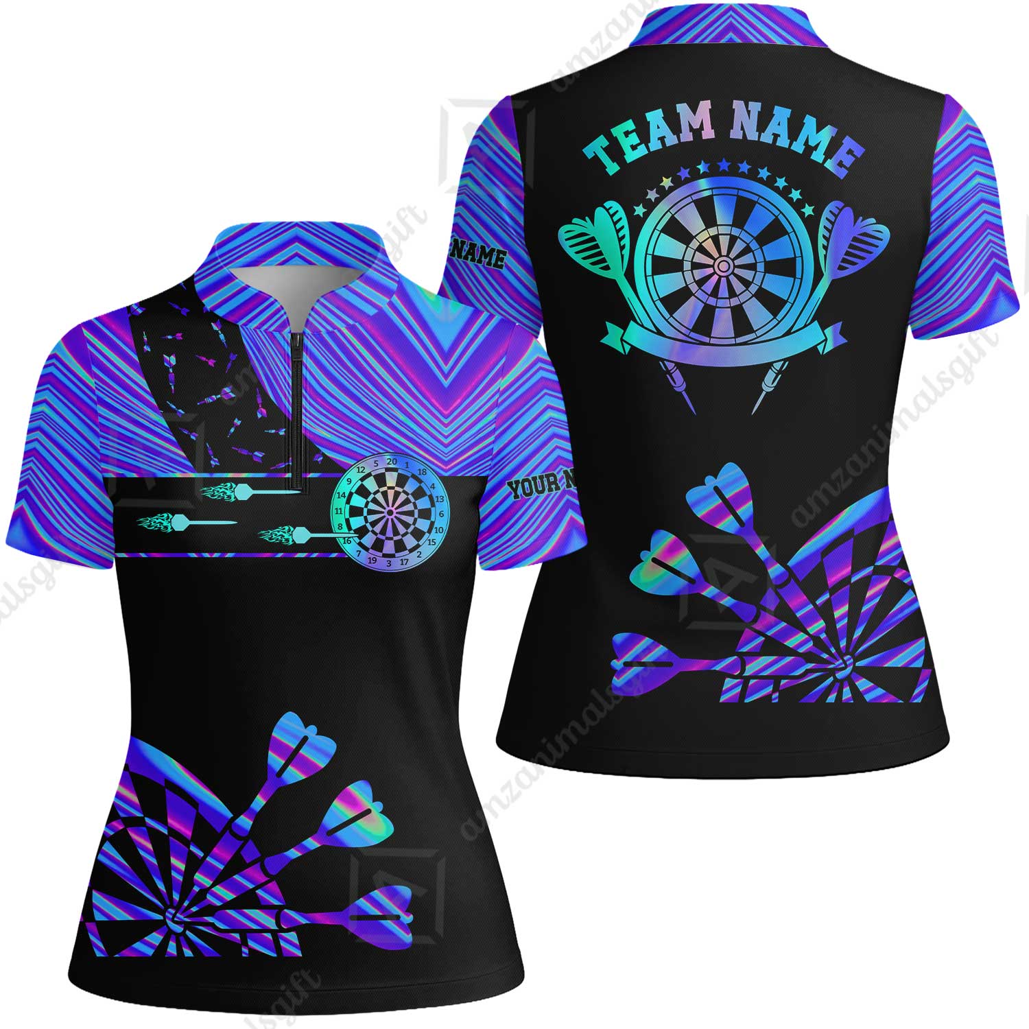 Customized Darts Polo Shirt, Neon Dartboard Darts Team Style Stand Collar Quater-Zip, Perfect Outfit Jersey for Darts Players - Image 16