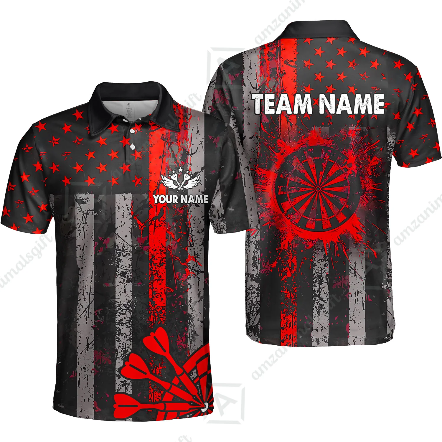 Customized Darts Polo Shirt, Turquoise Grunge US Flag Patriotic Darts Polo Shirt Team Style Jersey for Darts Players - Image 5
