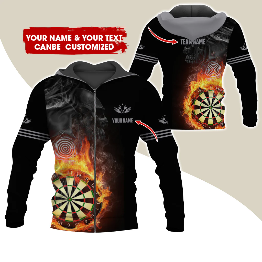 Customized Darts Premium Zip Hoodie, Personalized Name & Team Dartboard In Flame Team Zip Hoodie For Men & Women - Gift For Darts Lovers, Darts Players - Image 2