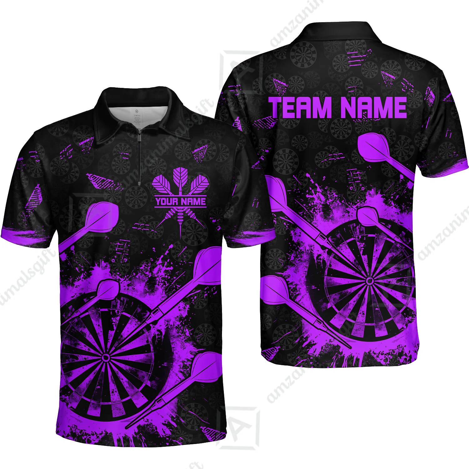 Customized Darts Quarter-Zip Polo Shirt, Darts Grunge Dartboard Zip Polo Shirt Team Style Jersey for Darts Players - Image 4