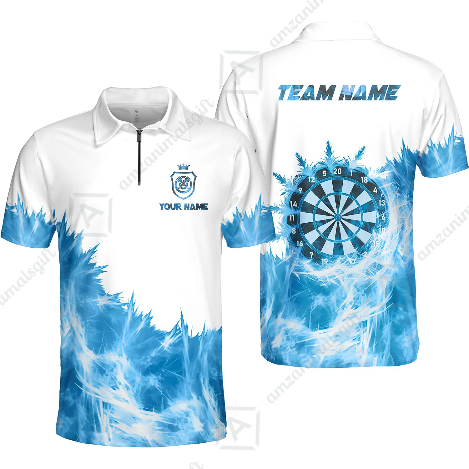 Customized Darts Quarter-Zip Polo Shirt, Darts Icy Light White And Multi Color Team Zip Polo Jersey For Darts Player - Image 2