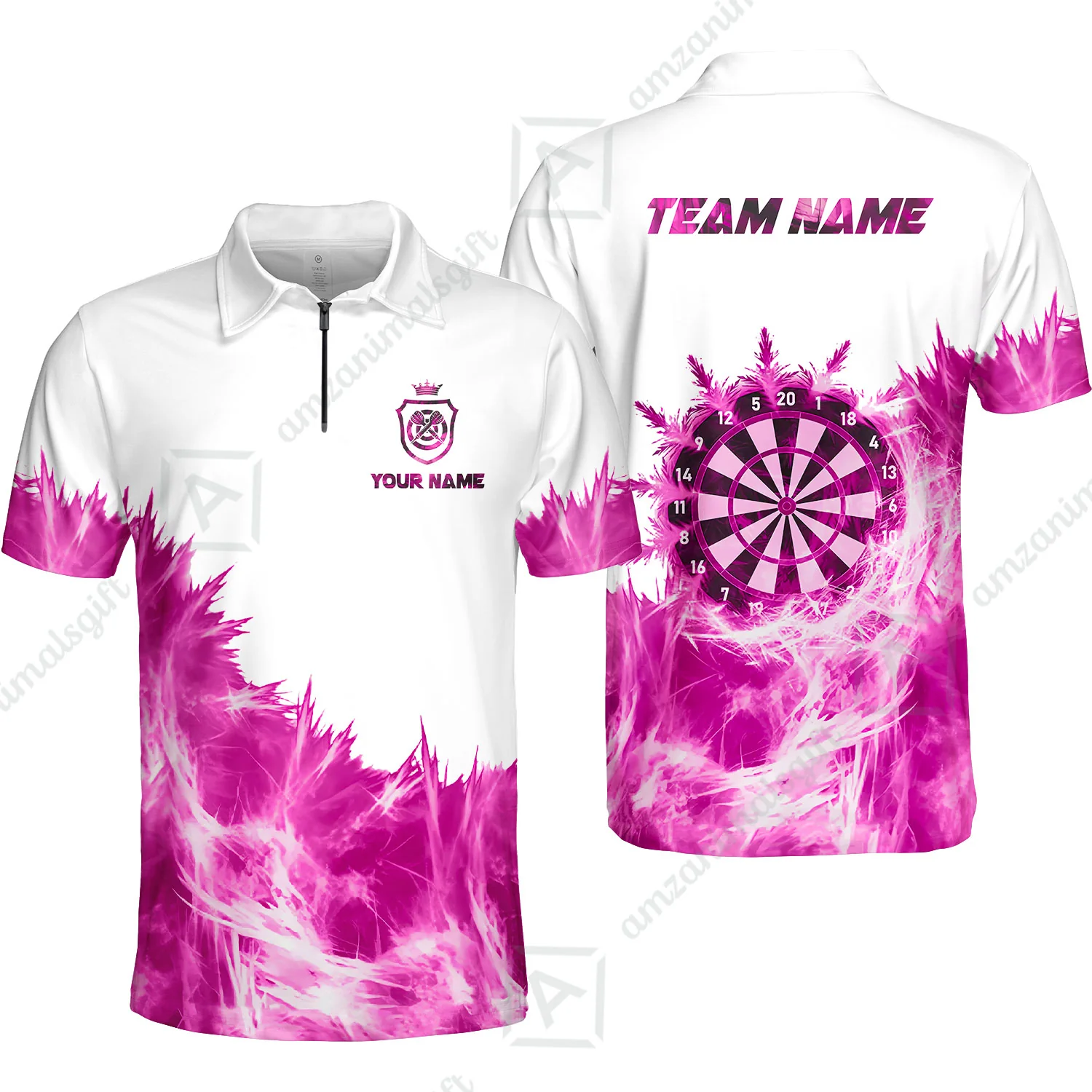 Customized Darts Quarter-Zip Polo Shirt, Darts Icy Light White And Multi Color Team Zip Polo Jersey For Darts Player - Image 3