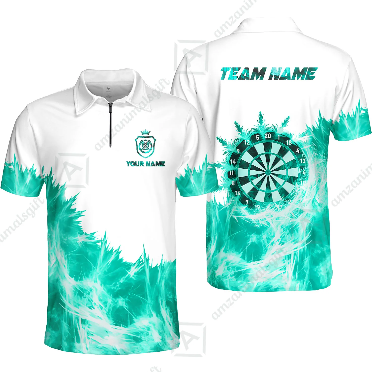 Customized Darts Quarter-Zip Polo Shirt, Darts Icy Light White And Multi Color Team Zip Polo Jersey For Darts Player - Image 4